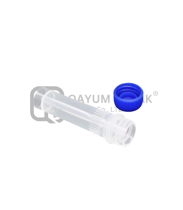 Cryo tube ; Leak proof silico runner Linear mounted in cap . Vol . 1.8ml , Gradutation Layout Printed Graduation at 0.5,1.0,1.8ml, PP Material Cryo Tube: Leak proof silicon Runner liner mounted in cap. Vol. 1.8ml, PP Material - Image 1